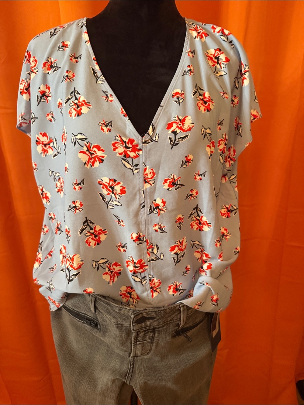 Hilary Radley Light Blue Floral V-Neck Cap-Sleeve Blouse